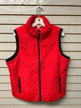 Laura Ashley Quilted Red Sleeveless Vest with Black Trim